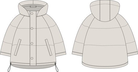 Ooversized raglan puffer winter down coat technical sketch. Light gray color.