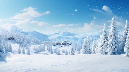 A snowy village nestled among frosted pine trees in a tranquil winter setting, with soft snowflakes falling gently. snow covered landscape	