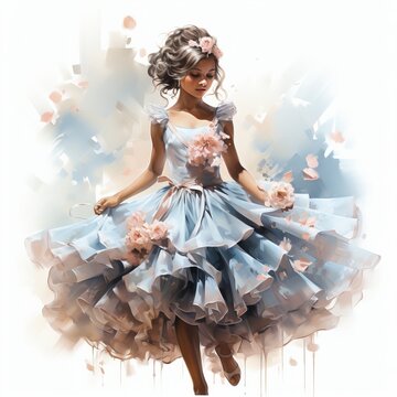 A slender girl ballerina in a dark dress dances, delicate pastel colors, Concept: postcard for femininity and beauty, neutral light background with strokes of paint and butterflies