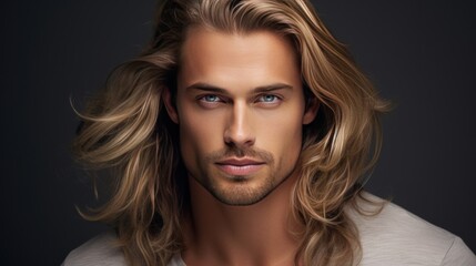 Elegant sexy smiling Caucasian blond man with blond and long hair with perfect skin, on a gray background, banner. - obrazy, fototapety, plakaty