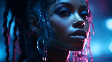 a close up of a woman with dreadlocks in a dark room