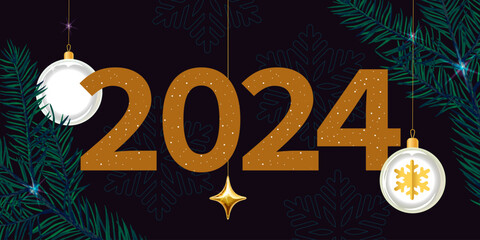 Gold 2024 year number on a dark background with spruce, gold stars and Christmas tree toy. Christmas or New Year banner.	