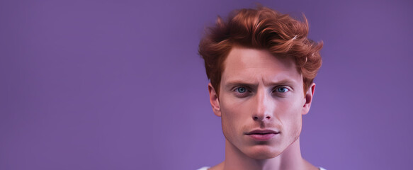 Handsome elegant sexy Caucasian man with perfect skin and red hair, on a purple background, banner, close-up.