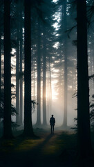 silhouette of a person in the dark forest