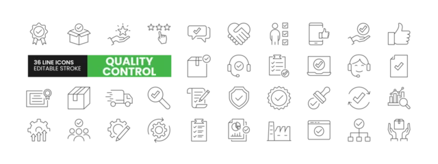 Fotobehang Set of 36 Quality Control line icons set. Quality Control outline icons with editable stroke collection. Includes Quality Check, Inspection, Evaluation, Production, Improvement and More. © Bilal