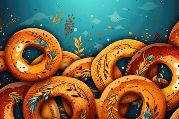Bagels background with hand drawn doodle elements. Abstract background for National Bagel Day 