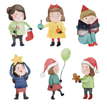 Children with christmas costume . Watercolor paint cartoon characters . Isolated . Set 3 of 4 . illustration .