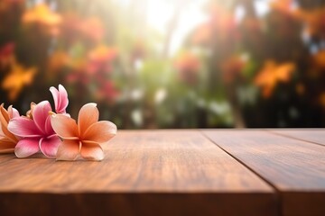 Fototapeta na wymiar Empty wooden table in front blur tropical flowers background, product display montage