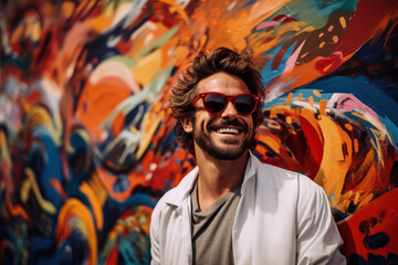 Innovative entrepreneur in front of graffiti mural background with empty space for text 