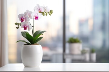 orchid in white vase on wooden table with blurred modern office background