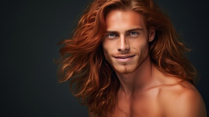 Handsome elegant sexy smiling man with perfect skin and long red hair, on a silver background,...