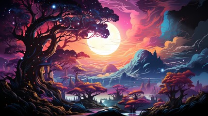 A tree with a spreading crown near a river against the backdrop of the full moon, illustration in UV style, a space landscape with unusual vegetation