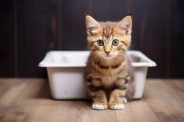 portrait of a cute little cat kitten sitting near litter