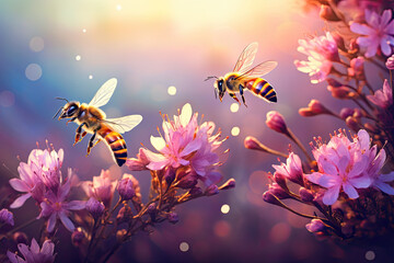 Naklejka premium Bees flying around the flowers under the beautiful sunset
