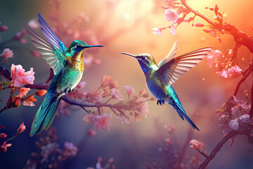 Fototapeta premium Two lovely hummingbirds flying around the flowers under the beautiful sunset