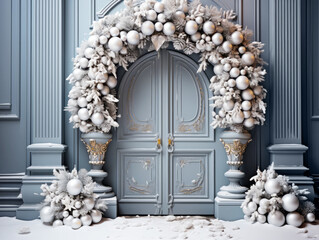 A Christmas wreath hangs on a blue wooden front door