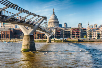 View of River Thames and Millennium Bridge,  London, England, UK