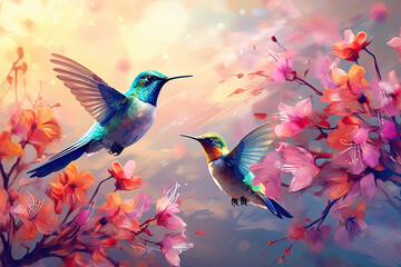 Two lovely hummingbirds flying around the flowers under the beautiful sunset