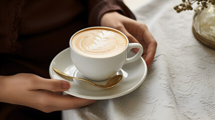  Hand Holding Artisanal Cappuccino in Elegant Cup on White Background