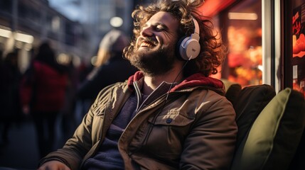 Fototapeta premium Caucasian happy man in headphones sits on the street and listens to music, Concept: cityscape with a man passionate about audio.