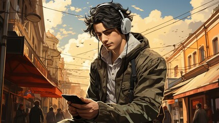 Young anime man in headphones walks through the city, cityscape with a man passionate about music. - obrazy, fototapety, plakaty