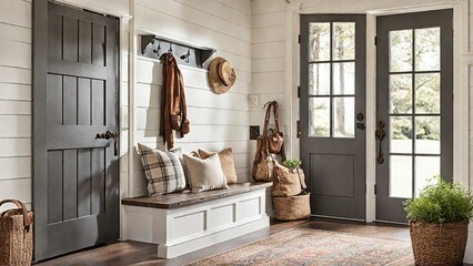 A farmhouse-inspired front entry with a Dutch door that opens to reveal a cozy mudroom. 