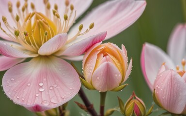 Closeup of delicate blossom buds with dew drop on the petals created