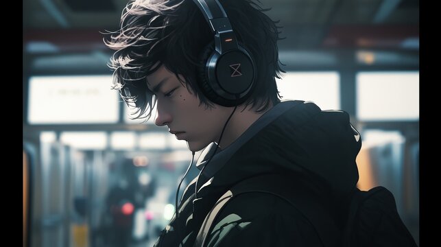 Young anime man in headphones walks through the city, cityscape with a man passionate about music.