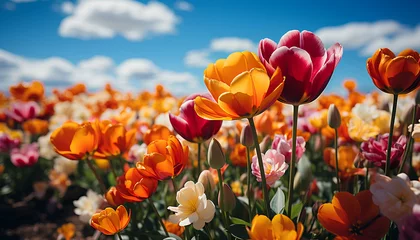 Foto op Canvas red and yellow tulips. field of tulips. Pink tulip field blooming with blue sky in the background. Spring time flower. Tulip flower. Tulip flower field © Divid