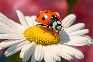 Flower daisy yellow summer macro ladybug garden plant red beetle white nature insect