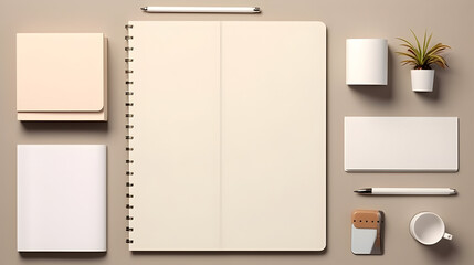 Minimalist Stationery paper and notebook accessories Set with colored and white background. 