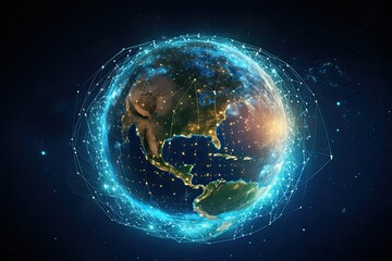 Obraz premium Digital data network connection on Earth. Global communication and technology concept. Generative AI