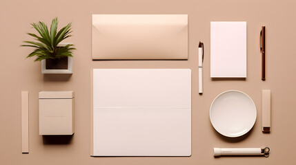 Minimalist Stationery paper and notebook accessories Set with colored and white background. 