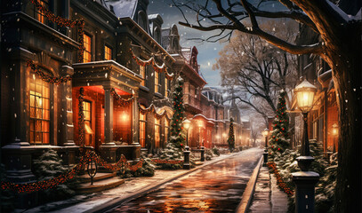 Bożonarodzeniowa światła dekoracja na bajkowej ulicy. Zimowa,  atmosfera. - obrazy, fototapety, plakaty
