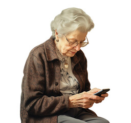 Starsza kobieta z telefonem komórkowym. Farba akwarelowa. Przezroczyste tło. - obrazy, fototapety, plakaty