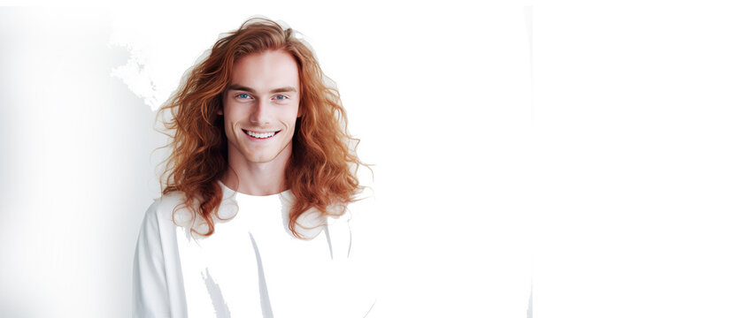 Handsome elegant sexy smiling Caucasian man with perfect skin and long red hair, on a white background, banner, close-up.