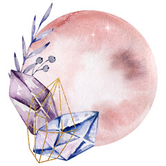 Watercolor moon with crystal and floral