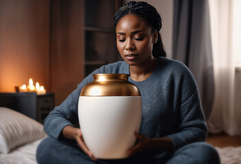 african woman at home sadly looking at urn with ashes - obrazy, fototapety, plakaty