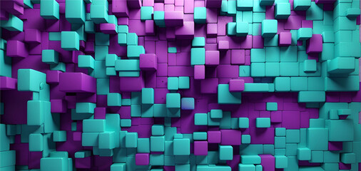 This abstract wall is made up of a series of large, purple and blue cubes. The cubes are arranged in a seemingly random pattern