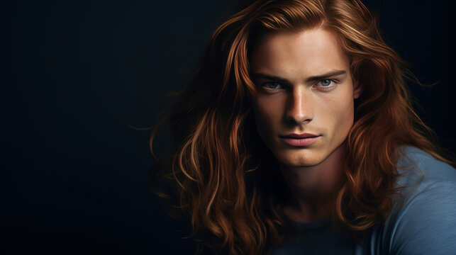 Handsome elegant sexy smiling Caucasian man with perfect skin and long red hair, on a dark blue background, banner, close-up.