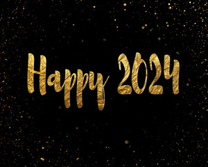 Design of a beautiful Lettering Happy 2024 modern letters in golden colour, with golden splash and black background
