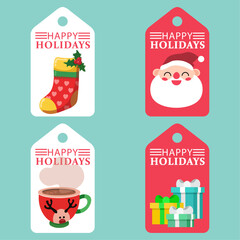 Christmas label collection. Santa Claus, gifts, hot chocolate, sock with gifts. vector