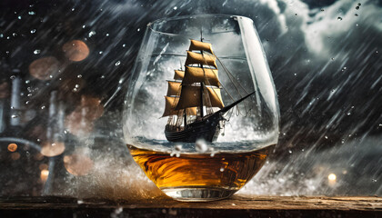 Sailing Ship Inside a Whisky Glass During A Raging Storm In The Atlantic