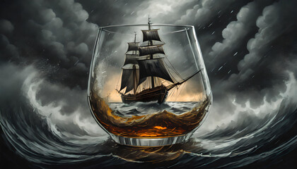 Sailing Ship Inside a Whisky Glass During A Raging Storm In The Atlantic - obrazy, fototapety, plakaty