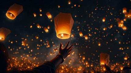 Releasing sky lanterns In the quiet night The concept of the tradition of releasing floating lanterns - obrazy, fototapety, plakaty