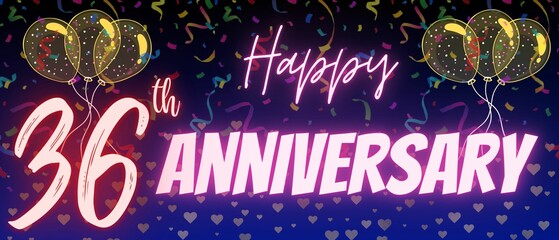 36th anniversary neon calligraphy text and number. Confetti and balloons isolated on elegant blue gradient background, sparkle, design for greeting card and invitation. Thirty sixth anniversary - obrazy, fototapety, plakaty