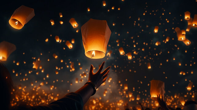 Releasing sky lanterns In the quiet night The concept of the tradition of releasing floating lanterns