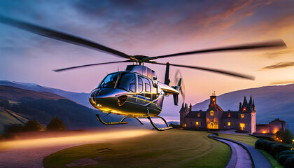 helicopter landing on the ground a 5 star hotel resort