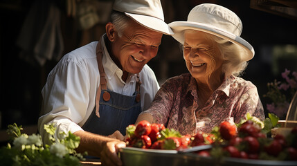 Cheerful senior couple eating strawberries in a garden. They are laughing