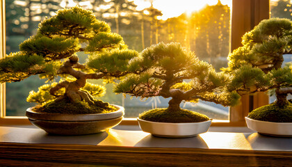 Bonsai Trees Sitting on a Window Ledge Bathed In The Evening Glow of Sunset